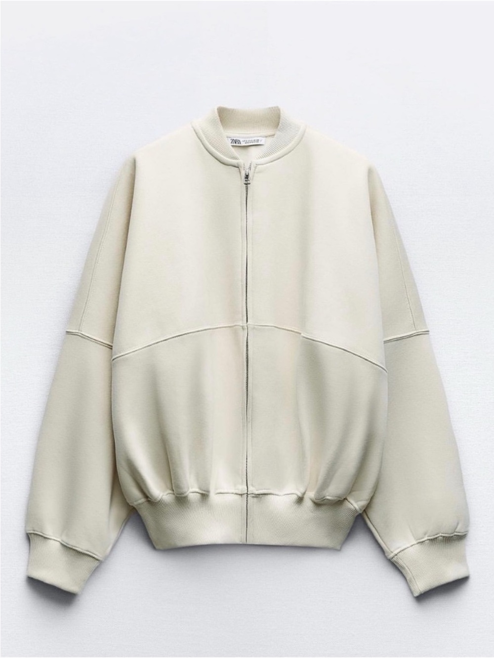 Zara Womens Cream Bomber Jacket Sweatshirt with Ribbed Trim